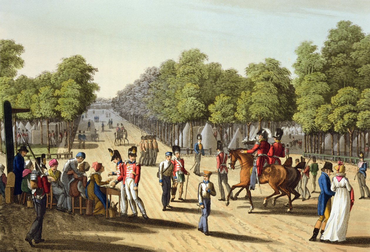 Obóz armii brytyjskiej w Bois de Boulogne, 1815, ryt. Matthew Dubourg (fl.1813-20) z „Anegdoty historyczne, wojskowe i morskie”, wyd. Edward Orme (1774-c.1820) 1817 (akwatinta) autorstwa Franz Joseph Manskirch