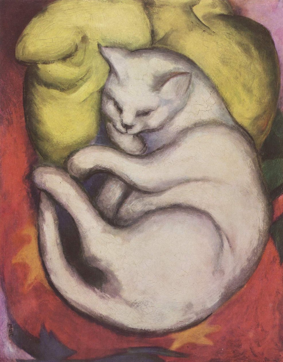 Kac na żółtej poduszce autorstwa Franz Marc