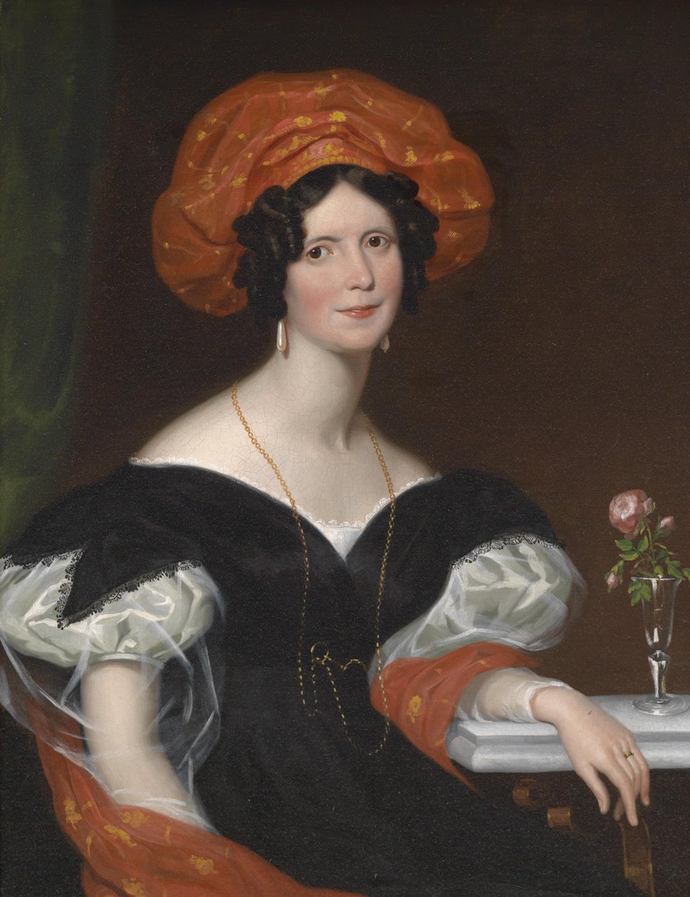 Portret siedzącej damy w czerwonym szaliku i czerwonym nakryciu głowy autorstwa Franz Xaver Winterhalter