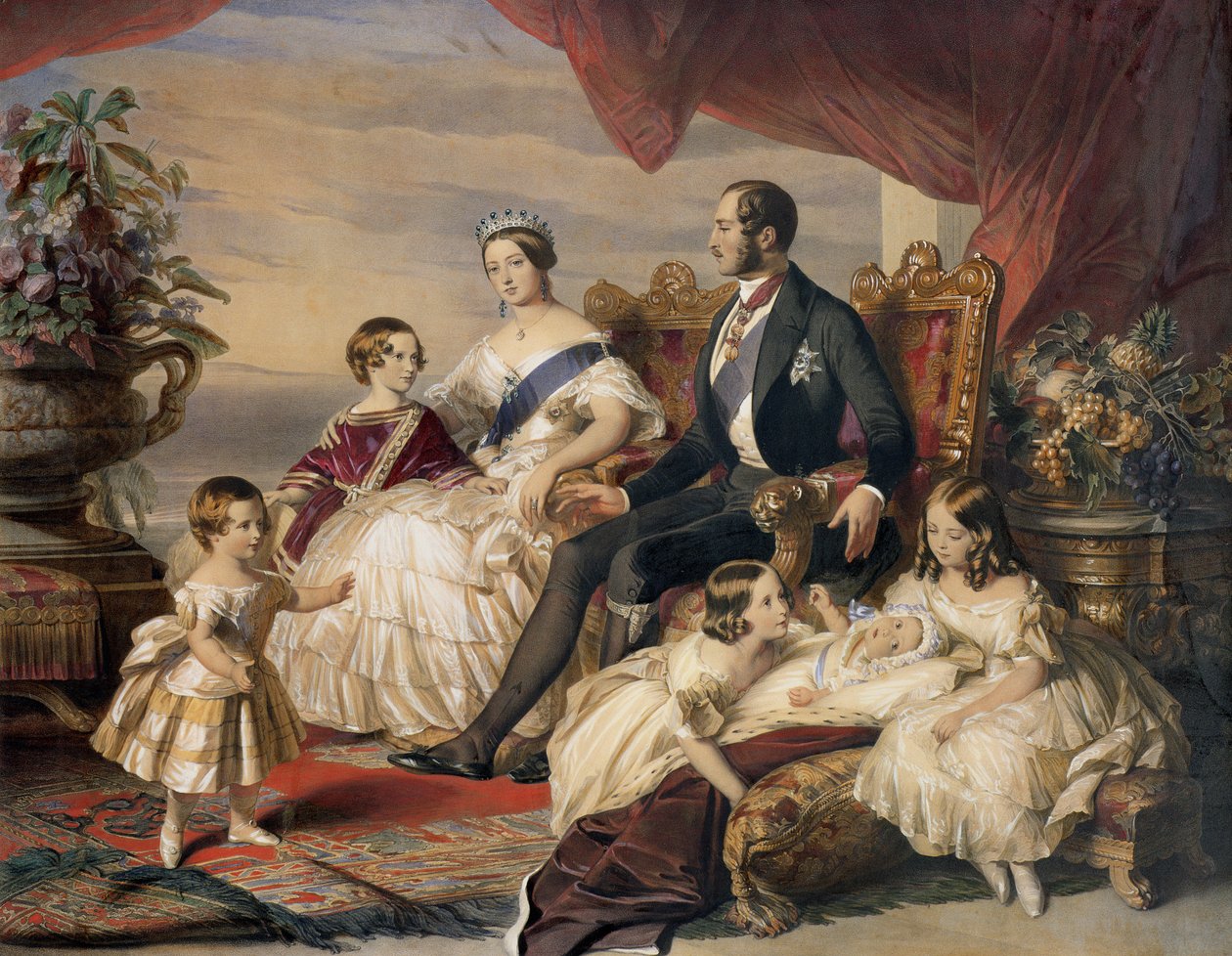Królowa Wiktoria (1819-1901) i książę Albert (1819-61) z piątką swoich dzieci, 1846 (kolorowe grawerowanie) autorstwa Franz Xaver Winterhalter