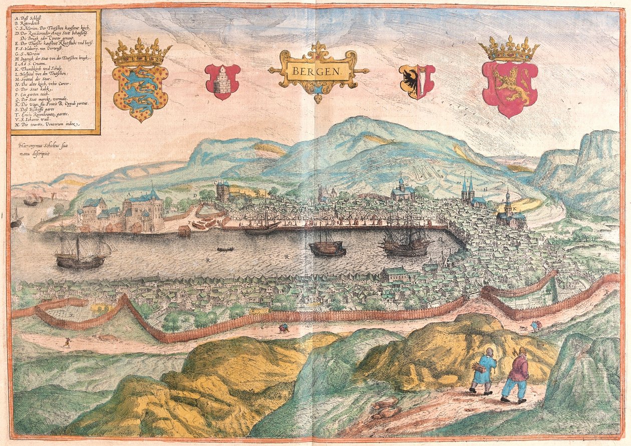 Bergen, Norwegia (grawerowanie autorstwa Franz Hogenberg