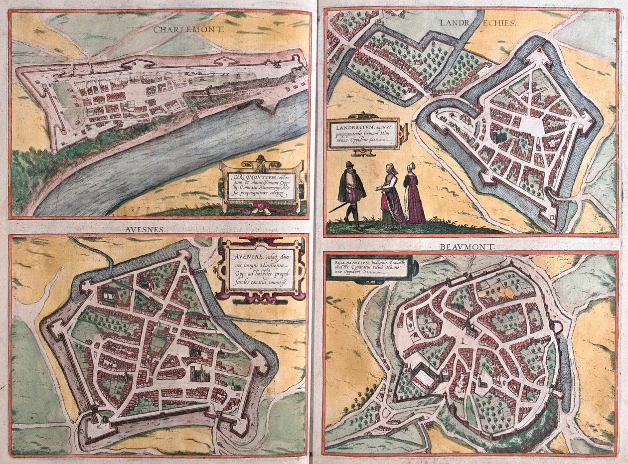 Charlemont, Beaumont, Avesnes i Landrecies, Francja (grawerowanie autorstwa Franz Hogenberg