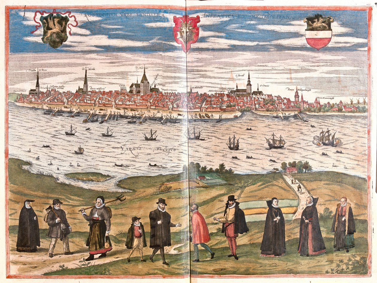 Widok ogólny Rostocku, Niemcy (grafika) autorstwa Franz Hogenberg