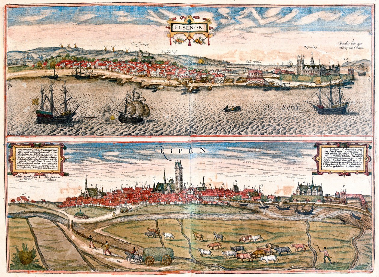Helsingor i Ribe, Dania (Grawerowanie autorstwa Franz Hogenberg