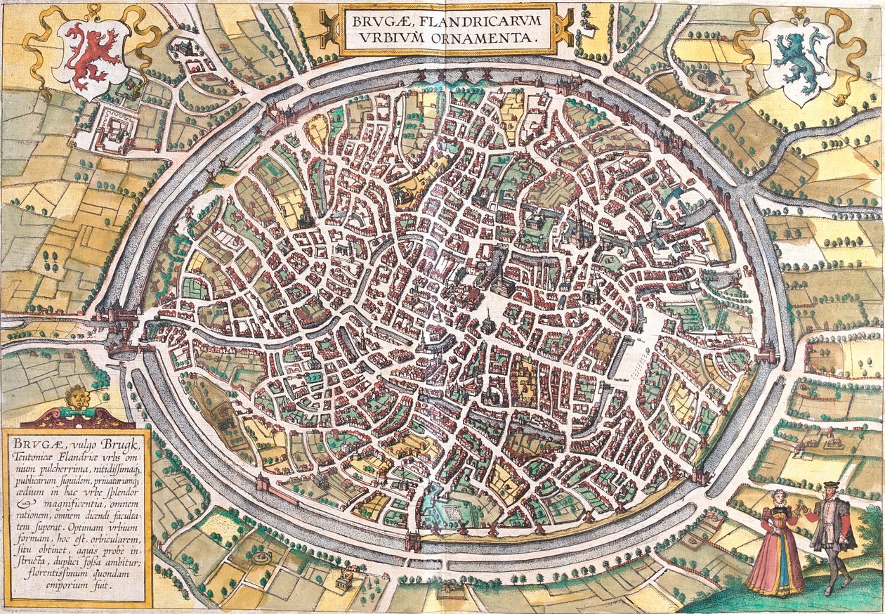 Mapa Brugii (Brugae), Belgia (akwaforta autorstwa Franz Hogenberg