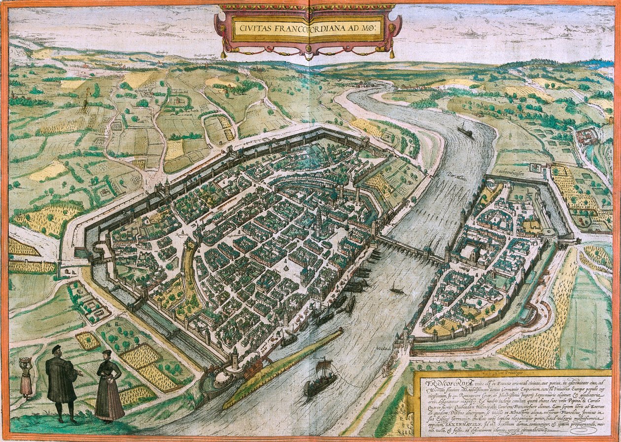 Mapa Frankfurtu (Francofordia), Niemcy (akwaforta autorstwa Franz Hogenberg