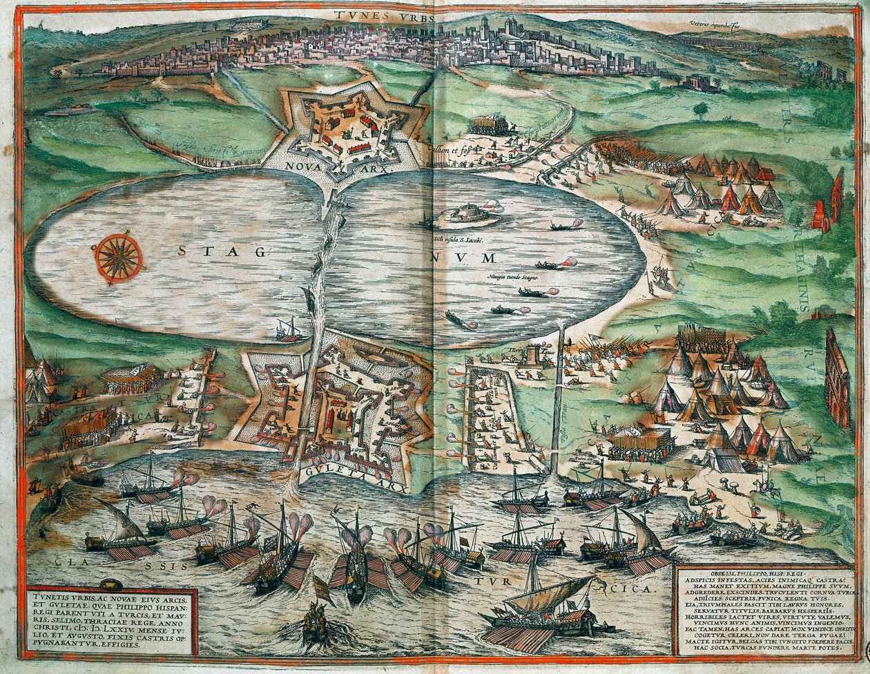 Mapa Tunisu, Tunezja (grawerowanie autorstwa Franz Hogenberg