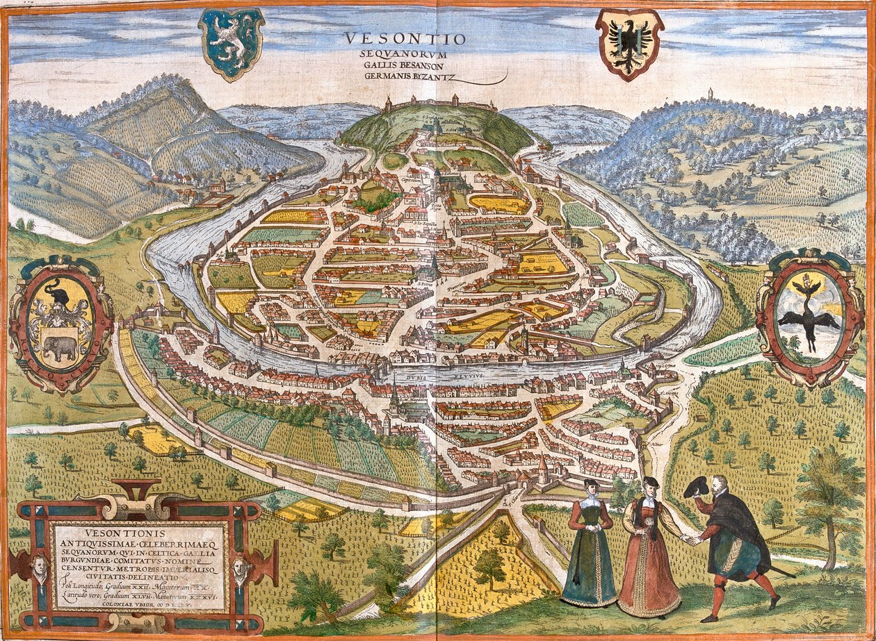 Plan Besancon (Vesontio), Francja (akwaforta autorstwa Franz Hogenberg