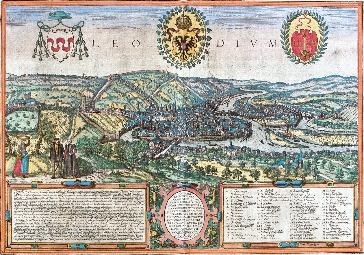 Widok Liege (Leodium), Belgia (akwaforta autorstwa Franz Hogenberg