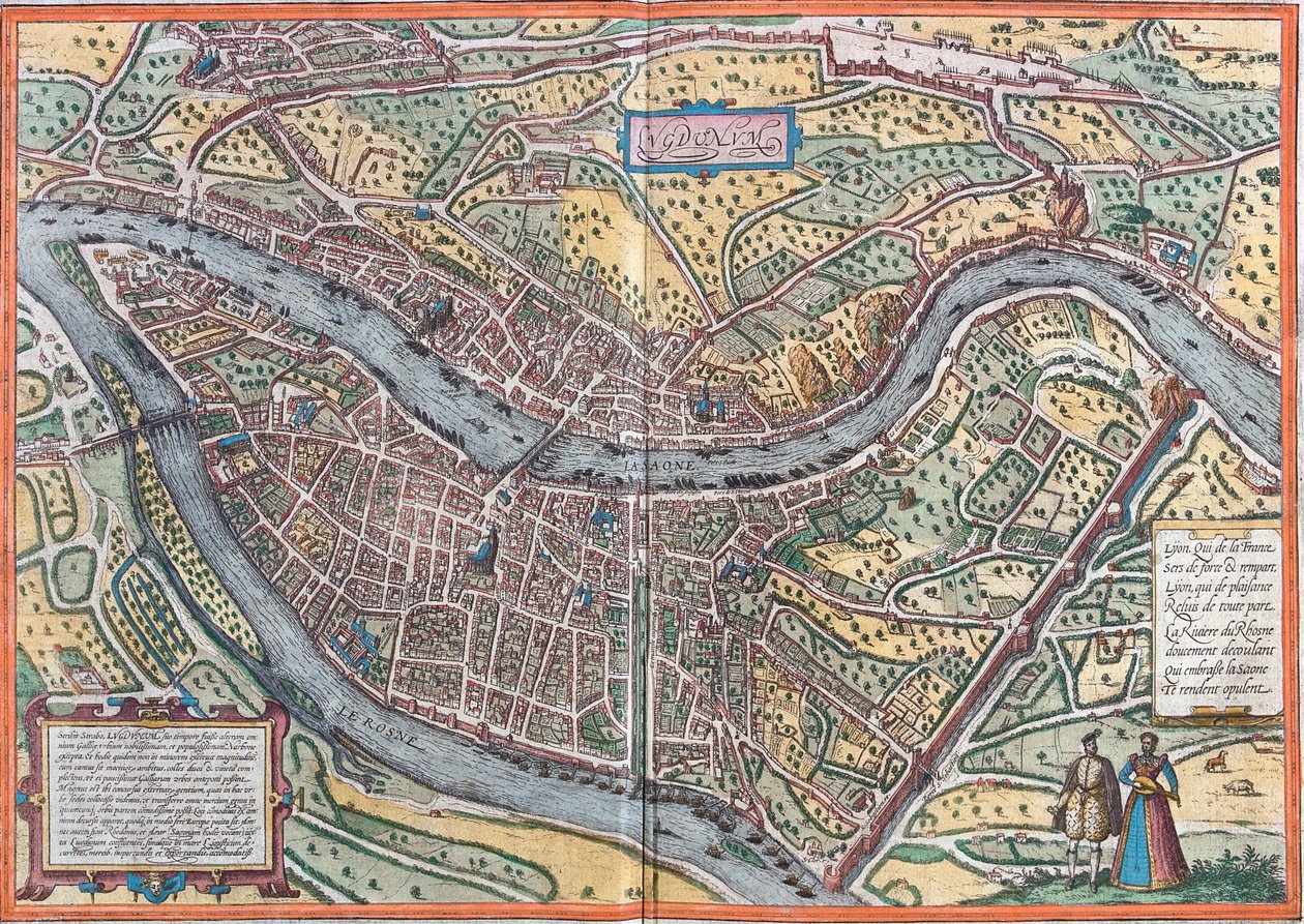 Widok na Lyon (Lugdunum), Francja (akwaforta autorstwa Franz Hogenberg