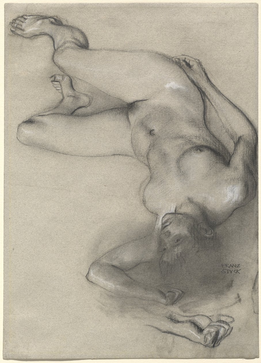 Naga kobieta leżąca na ziemi autorstwa Franz von Stuck