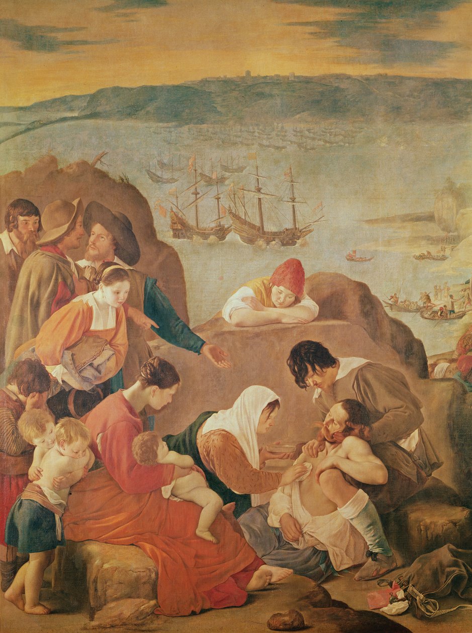 Opieka nad kobietami po bitwie w czasie rekonkwisty w Zatoce San Salvador, Brazylia autorstwa Juan Bautista Maíno