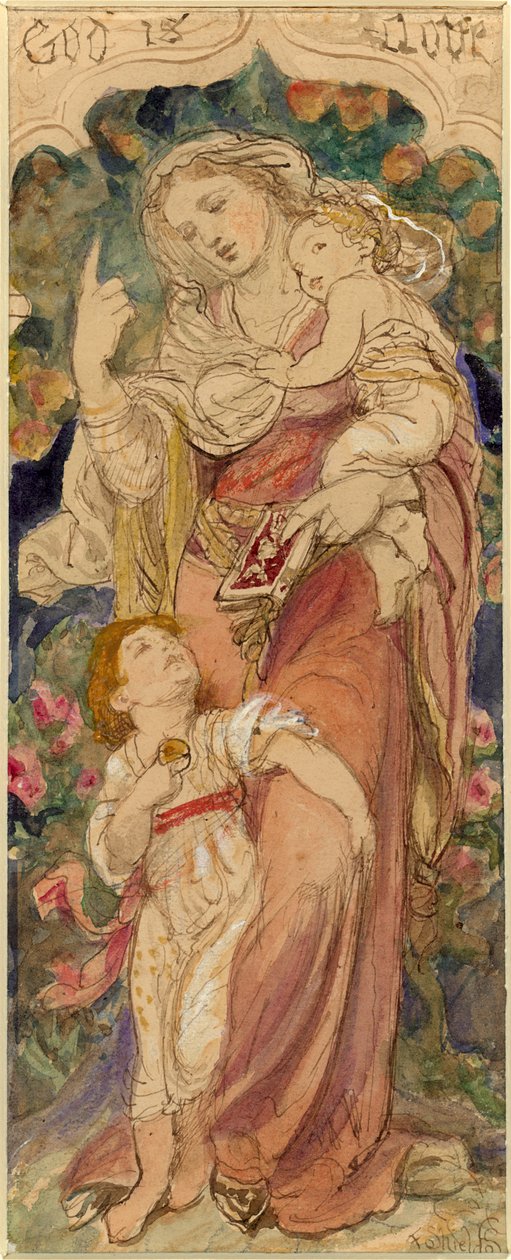 Matka nauczająca „Bóg jest miłością” (tusz (brązowy)) autorstwa Frederic James Shields
