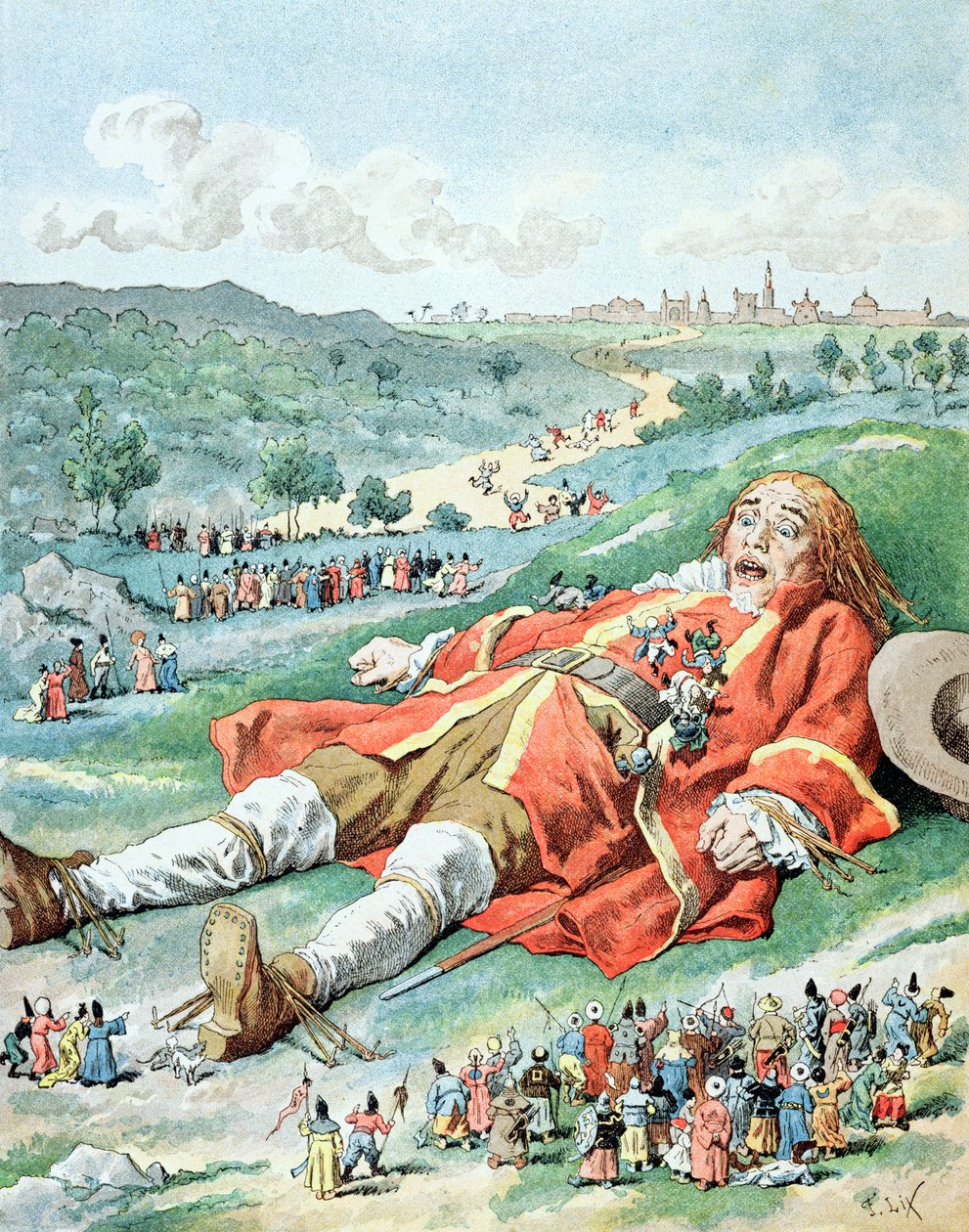„Znalazłem ręce i nogi przywiązane do ziemi…”, ilustracja z „Les Voyages de Gulliver” Jonathana Swifta (1667-1745) autorstwa Frederic Theodore Lix