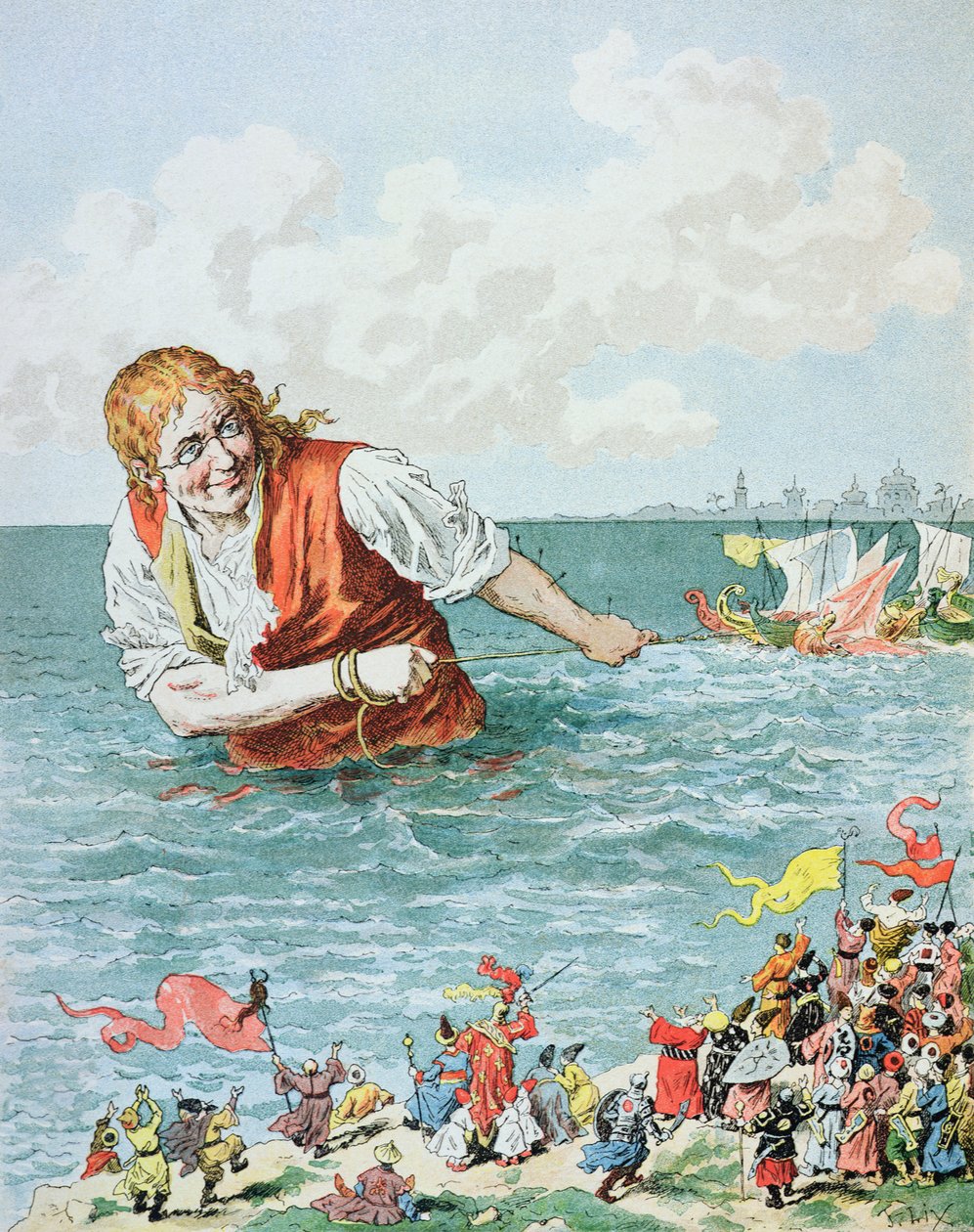 Potem pędząc moją nagrodę, wkrótce dotarłem do cesarskiego portu...", ilustracja z "Podróży Guliwera" Jonathana Swifta (1667-1745) autorstwa Frederic Theodore Lix