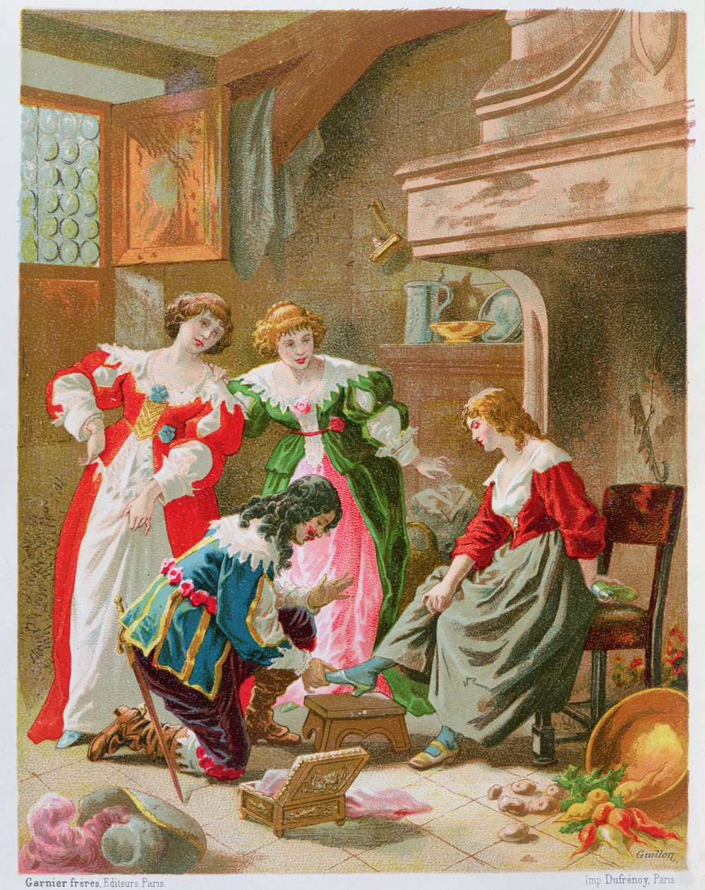Kopciuszek przymierza szklany pantofelek, z „Les Contes de Perrault” (chromolitho) autorstwa Frederic Theodore Lix