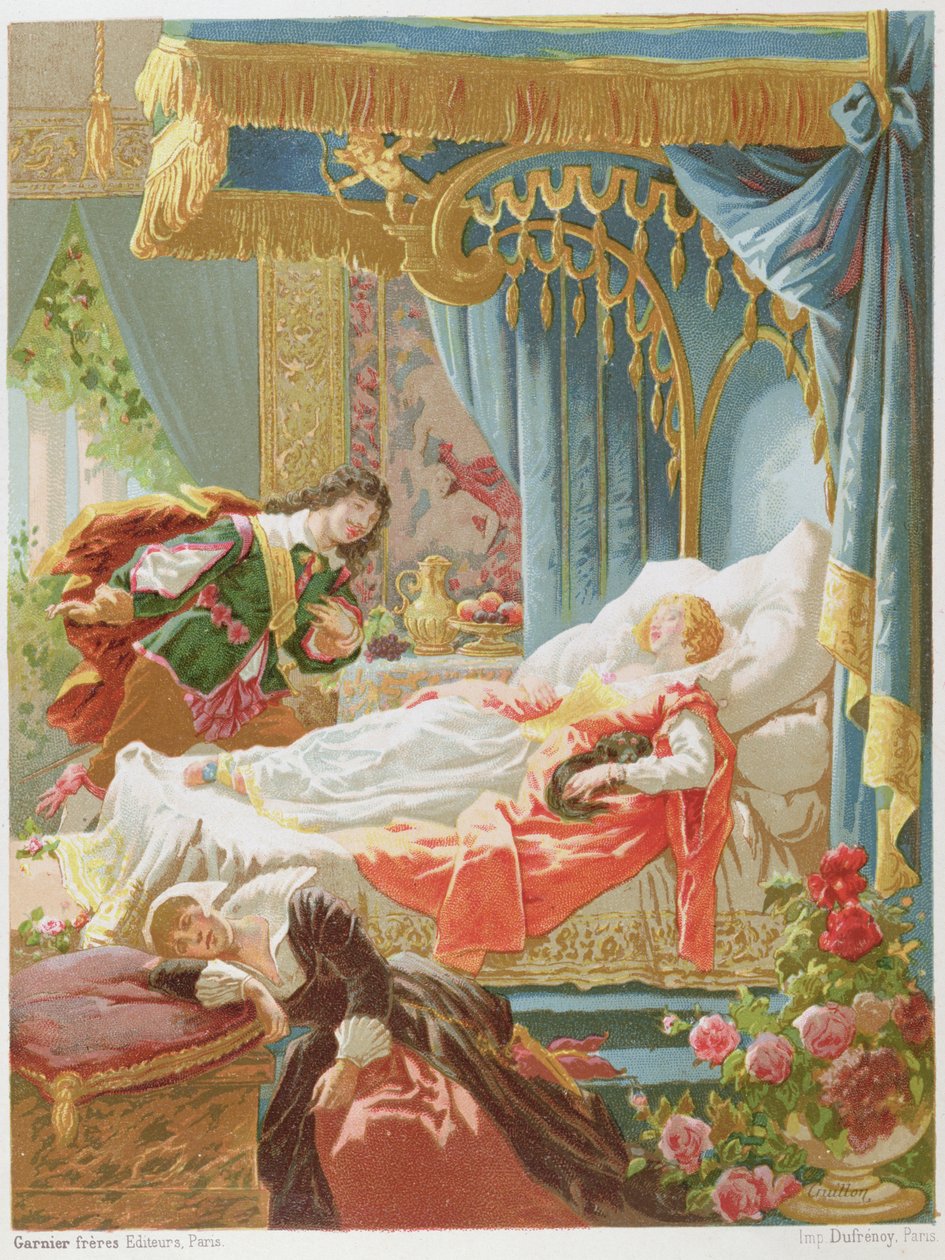 Śpiąca królewna i książę z bajki, ilustracja z edycji baśni Charlesa Perraulta (1628-1703) sztychowanej przez Cruillona, k. XIX w. autorstwa Frederic Theodore Lix