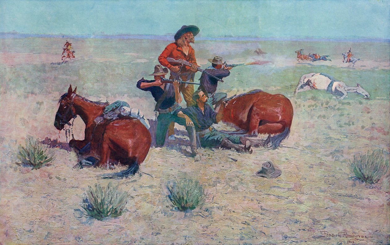 Indianie atakujący kowbojów. Fryderyka Remingtona. autorstwa Frederic (after) Remington