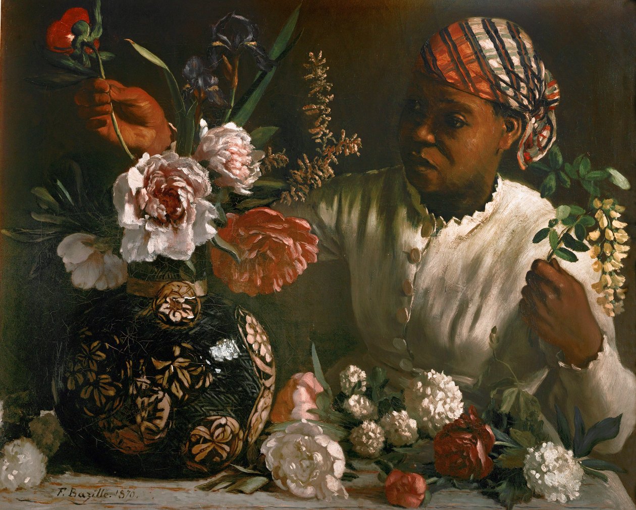 Czarna kobieta z piwoniami ... (olej na płótnie) autorstwa Frédéric Bazille