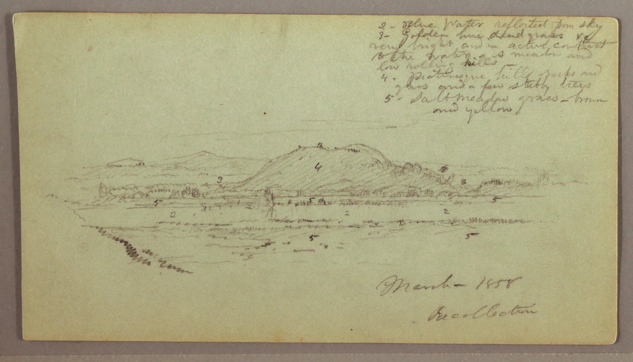 Rysunek, wzgórza, rzeka, marzec 1858 r. autorstwa Frederic Edwin Church