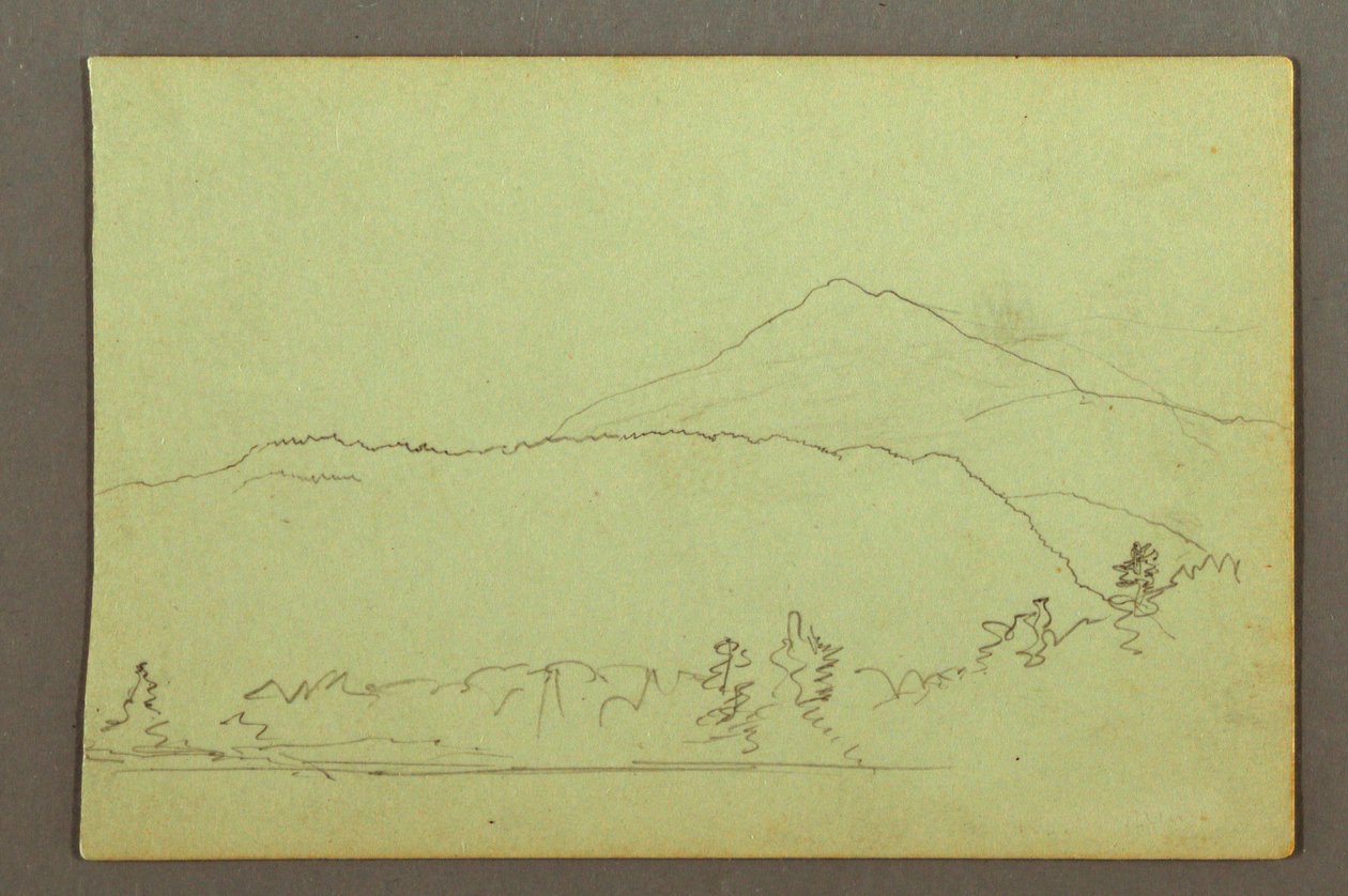 Rysunek, jezioro, pasmo wzgórz, prawdopodobnie 1856 r. autorstwa Frederic Edwin Church