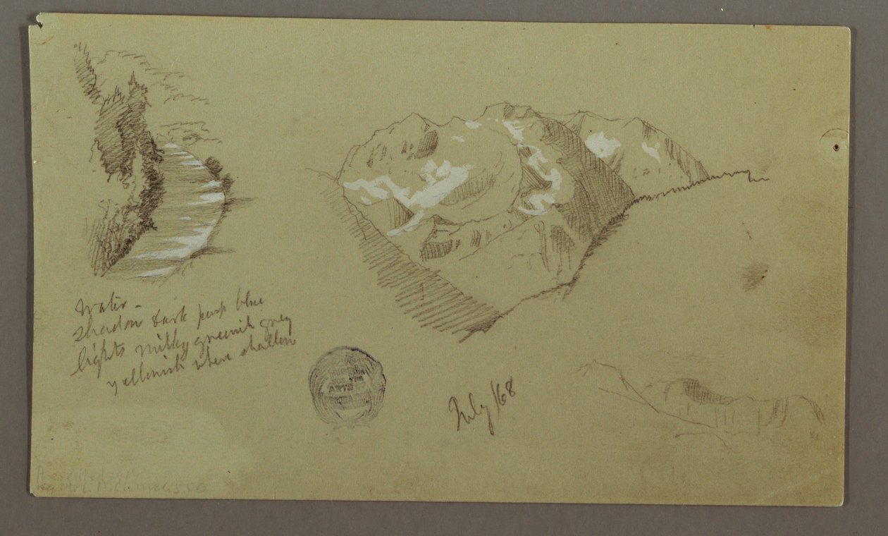 Rysunek, szczyty górskie, rzeka, lipiec 1868 r. autorstwa Frederic Edwin Church