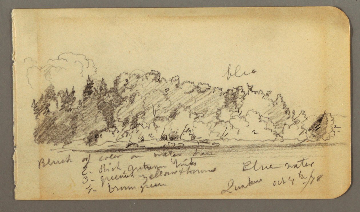 Rysunek, zalesiony brzeg, woda, 1878 r. autorstwa Frederic Edwin Church