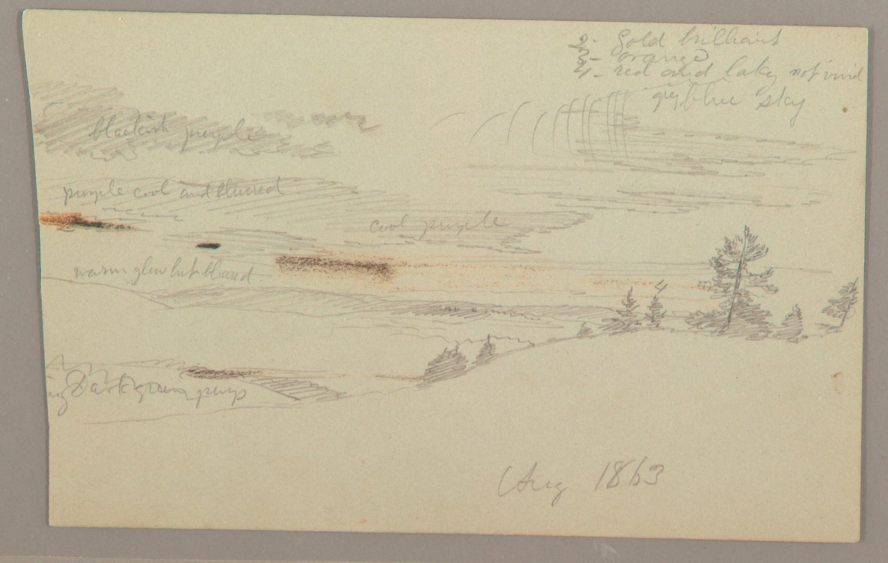 Rysunek, zalesione zbocze, kraj wzgórz, 1863 r. autorstwa Frederic Edwin Church