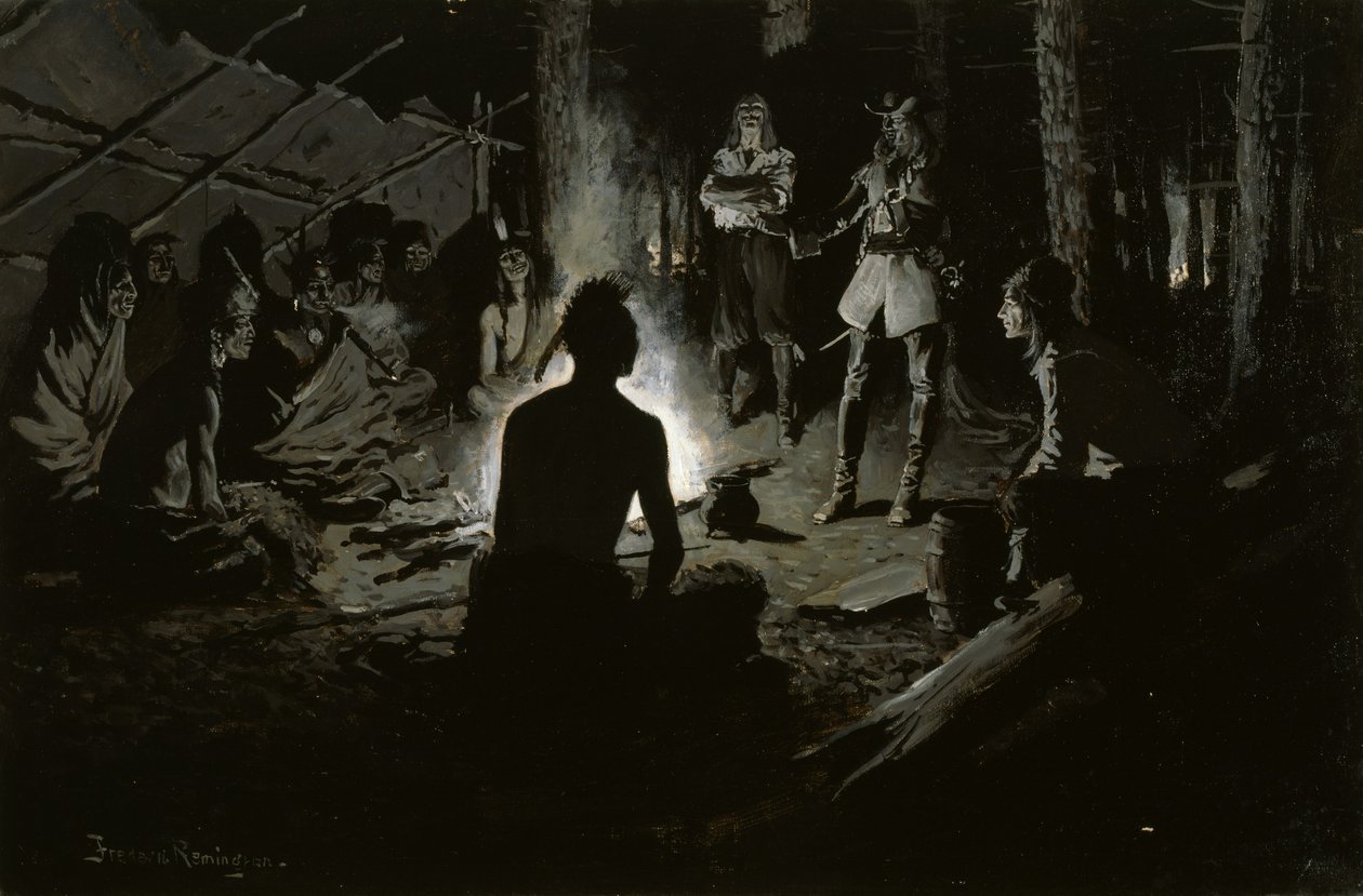 Rada francuskich odkrywców z Indianami autorstwa Frederic Remington