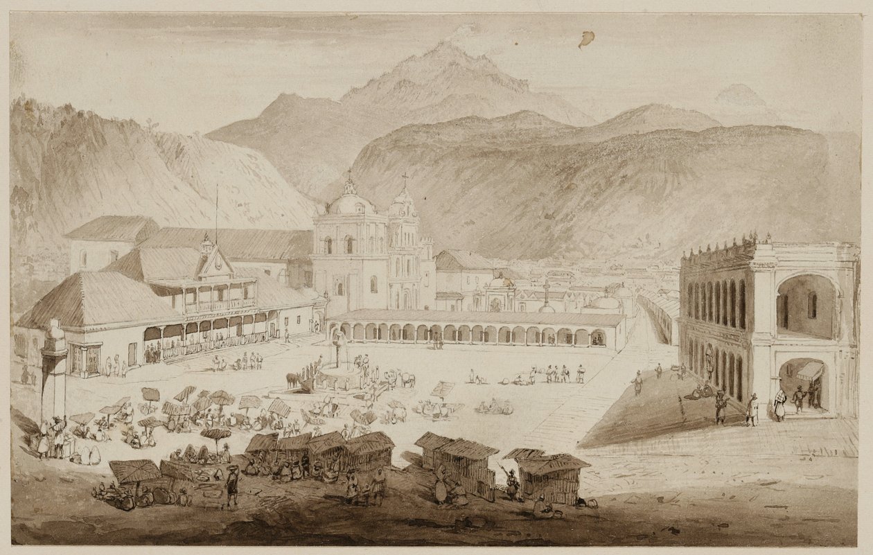 Miasto Quezaltenango, Ameryka Środkowa, 1840 (pióro, tusz i wash na kremowym papierze) autorstwa Frederick Catherwood