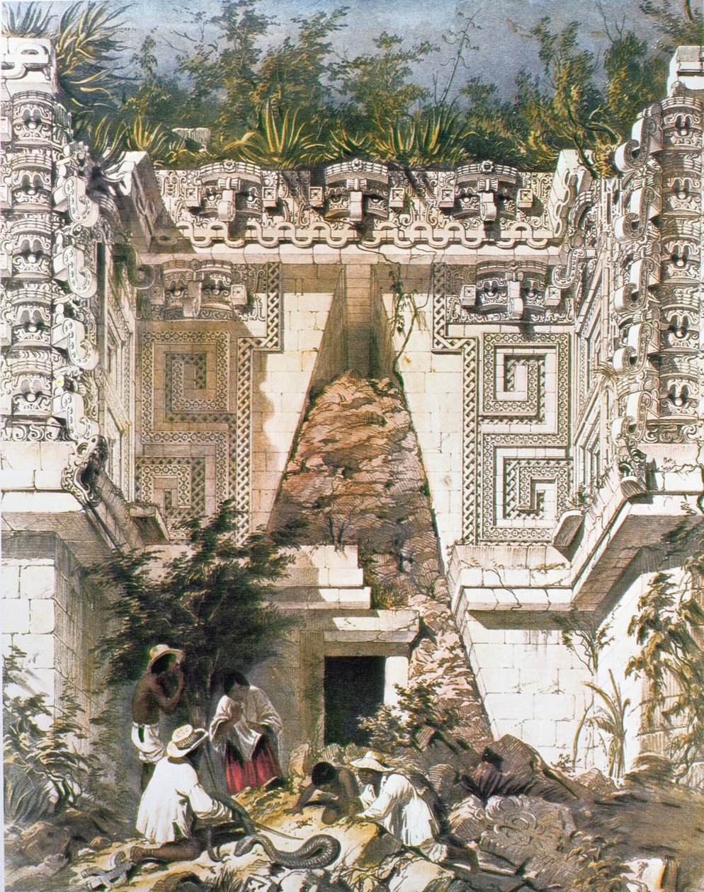Pałac Gubernatorów, Uxmal, Jukatan, Meksyk, 1844 (kolorowa lito) autorstwa Frederick Catherwood