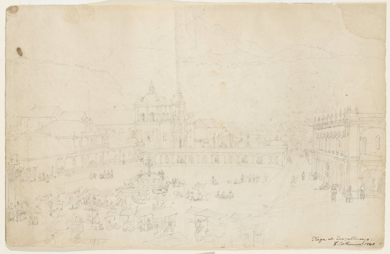 Plaza w Quezaltenango, 1840 (grafit na kremowym papierze tkanym) autorstwa Frederick Catherwood