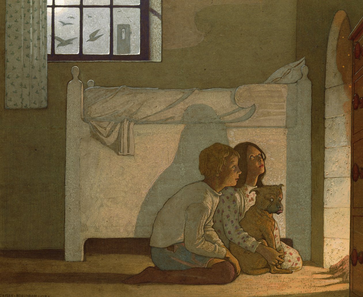 Ilustracja do „Błękitnego ptaka” Maeterlincka: Dzieci opowiadające o swoich przygodach autorstwa Frederick Cayley Robinson