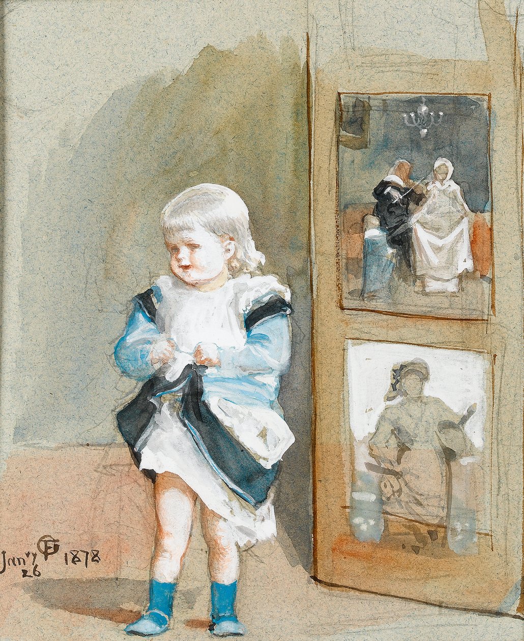 Fryderyka, córka artystki, stojąca przy malowanym ekranie, 1878 (wc na papierze) autorstwa Frederick Goodall