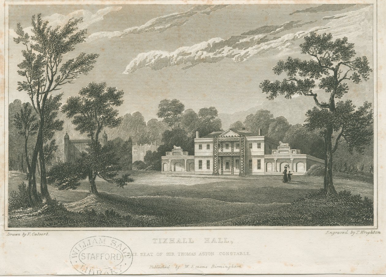 Tixall Hall: grawerowanie, bd [ok. 1830] (druk) autorstwa Frederick Calvert