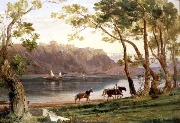 Krajobraz rzeki z końmi na barkach autorstwa Frederick Lee Bridell