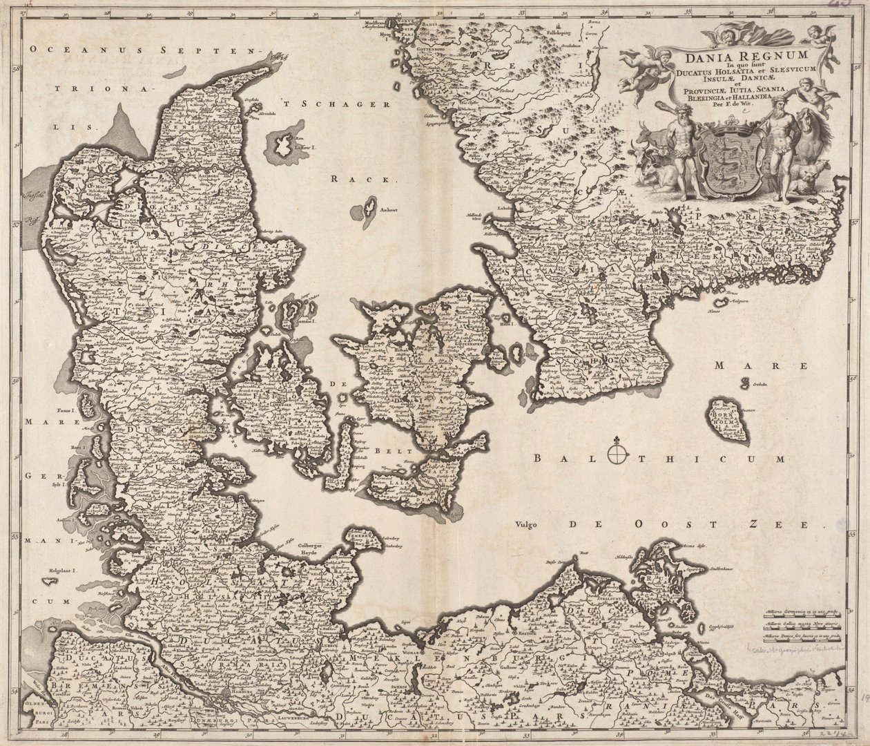 Dania regnum in quo sunt Ducatus Holsatia et Slesvicum Insulae Danicae et Provinciae Iutia, Scania, Blekingia et Hallandia autorstwa Frederick de Wit