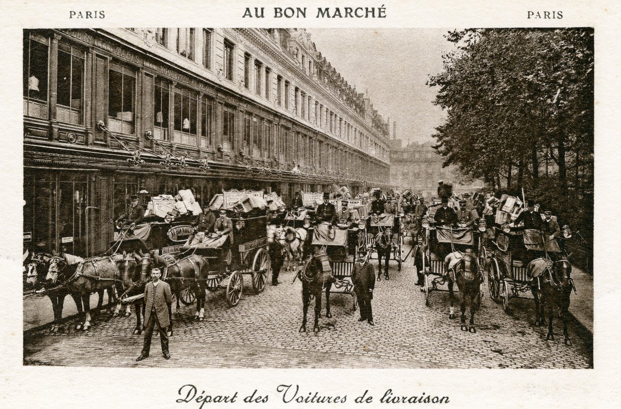 Wyjazd samochodów dostawczych z domów towarowych Bon Marché, Paryż, ok. 1890 r autorstwa French Photographer