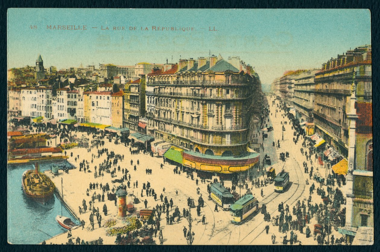 Pocztówka przedstawiająca Rue de la Republique w Marsylii, Francja, ok. 1920 (zdjęcie kolorowe bw) autorstwa French Photographer