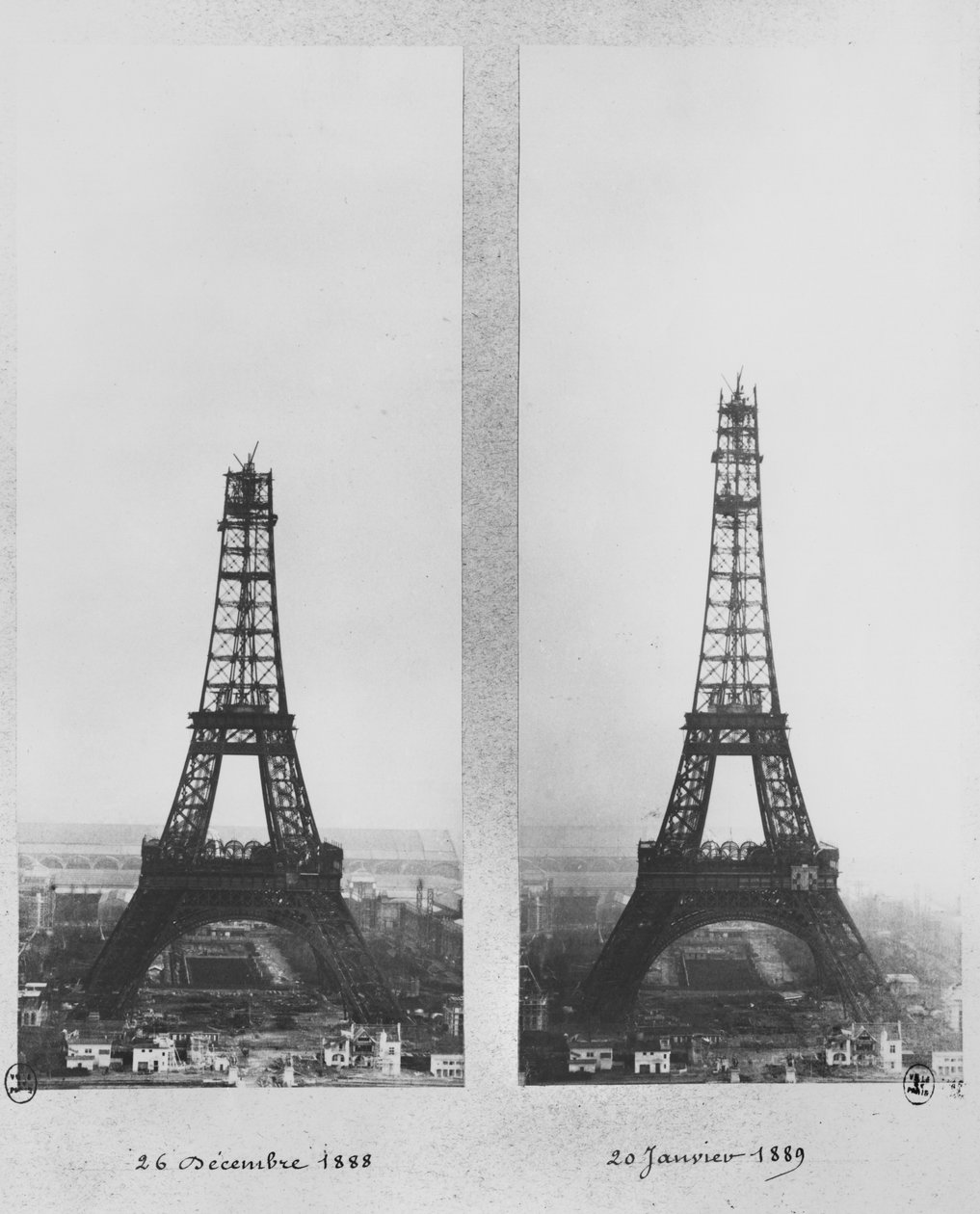 Dwa widoki na budowę Wieży Eiffla, Paryż, 26 grudnia 1888 i 20 stycznia 1889 autorstwa French Photographer