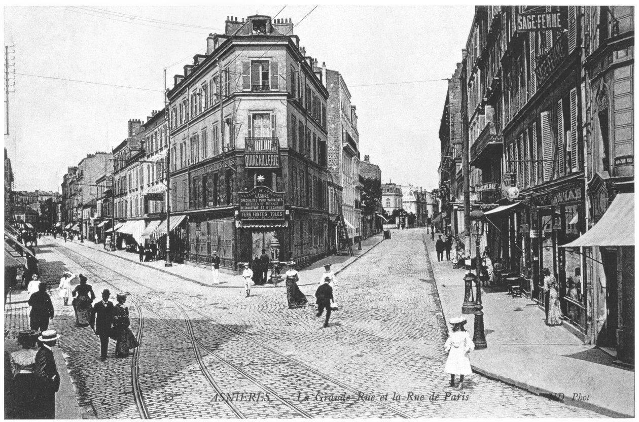 Widok Asnieres, Grande Rue i Rue de Paris, ok. 1900 autorstwa French Photographer