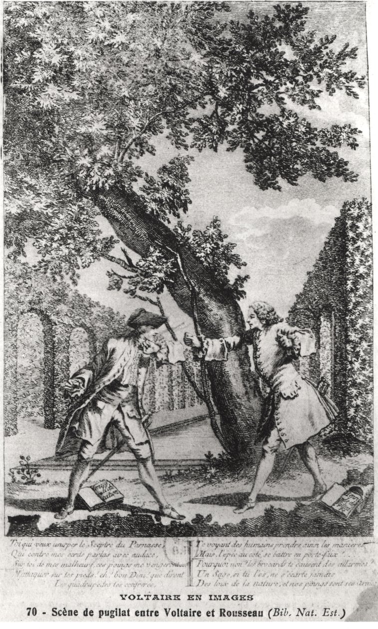 Spór między Jean-Jacques Rousseau (1712-78) a Voltaire (1694-1778) autorstwa French School