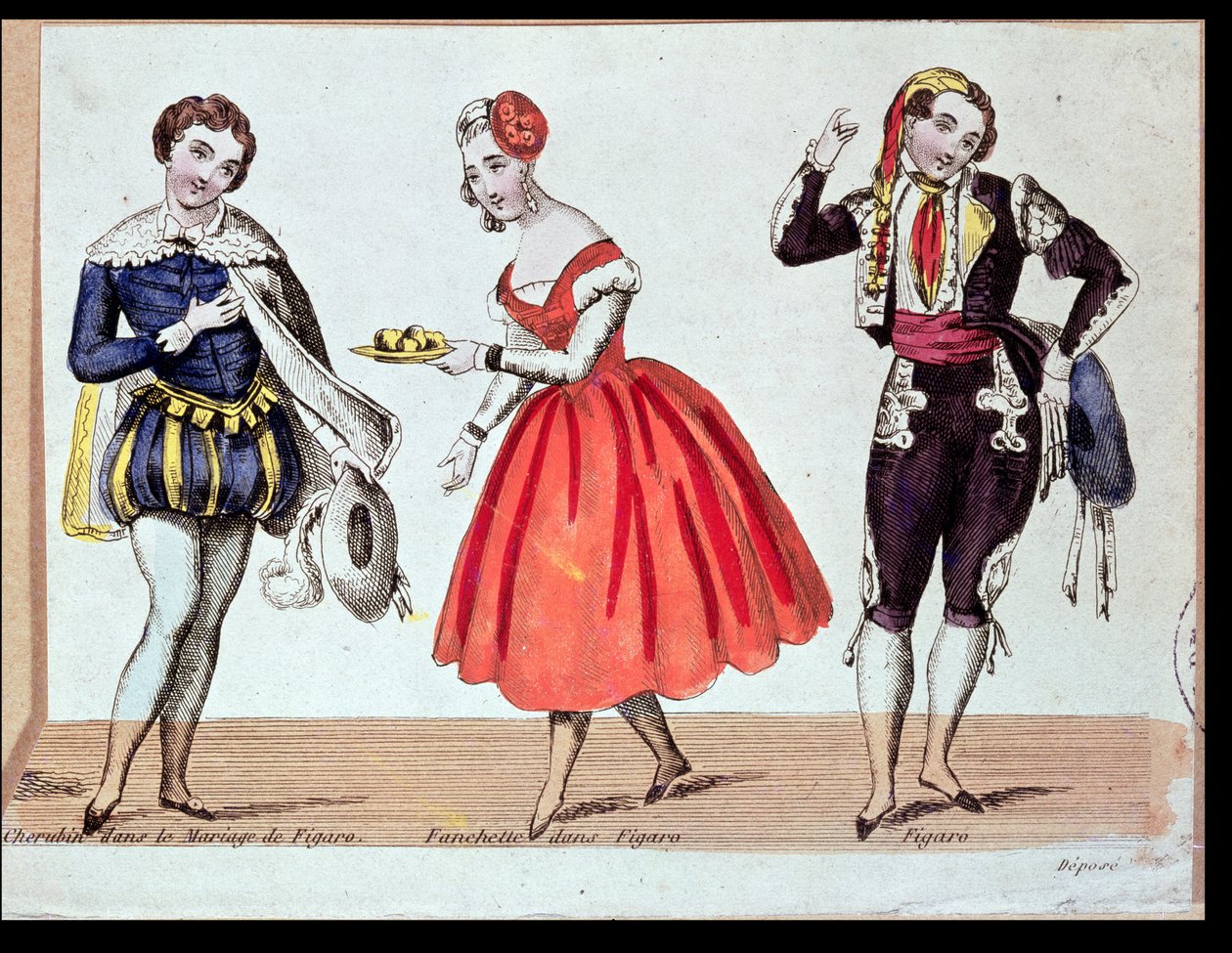 Cherubino, Fanchette i Figaro, scena z "Wesela Figara" Pierre Augustin Caron de Beaumarchais (1732-99) 1784 autorstwa French School