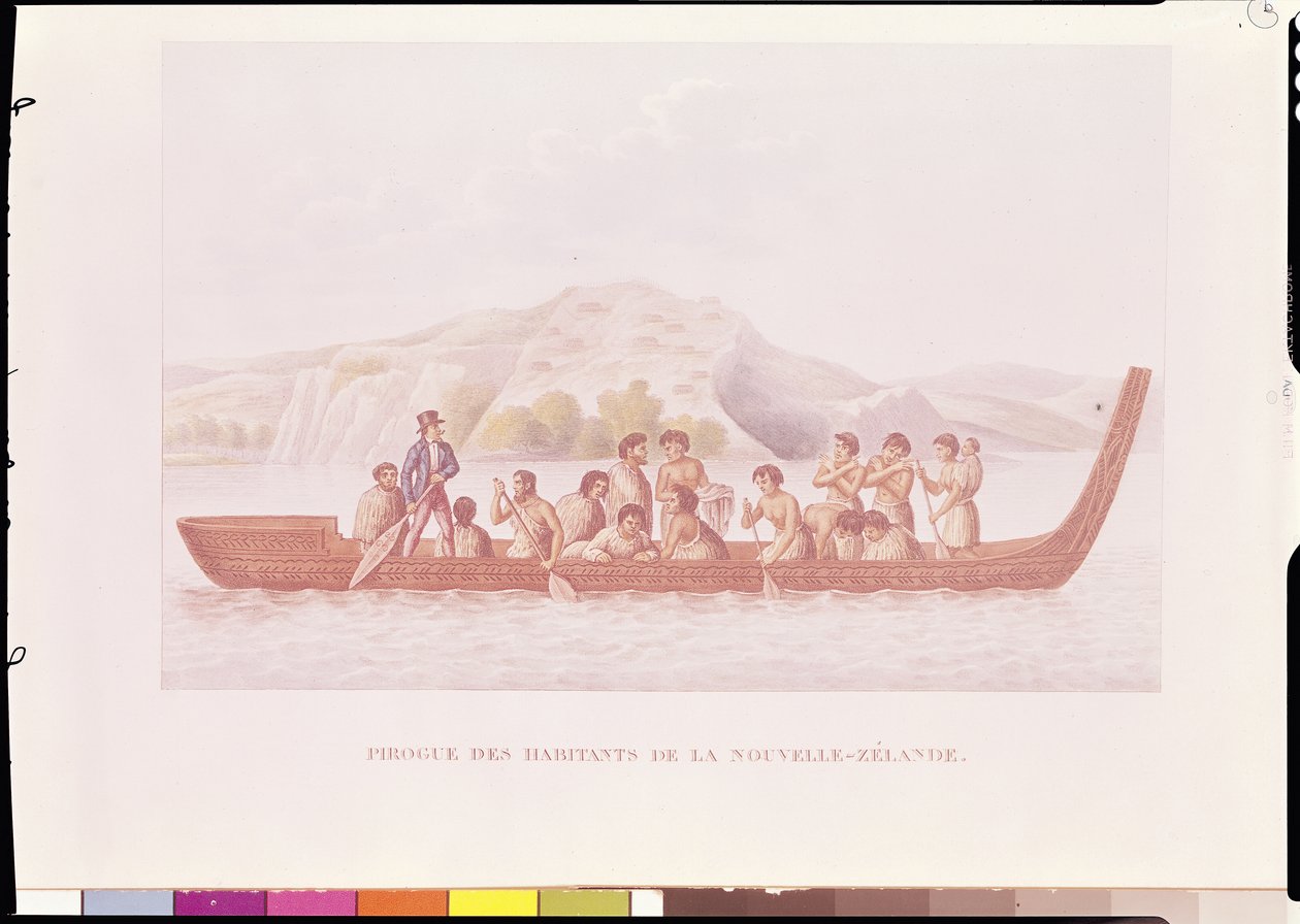 Kajak dłubankowy pilotowany przez tubylców z Nowej Zelandii, ilustracja z „Voyage Around the World in the Corvette La Coquille” Louisa Isidore