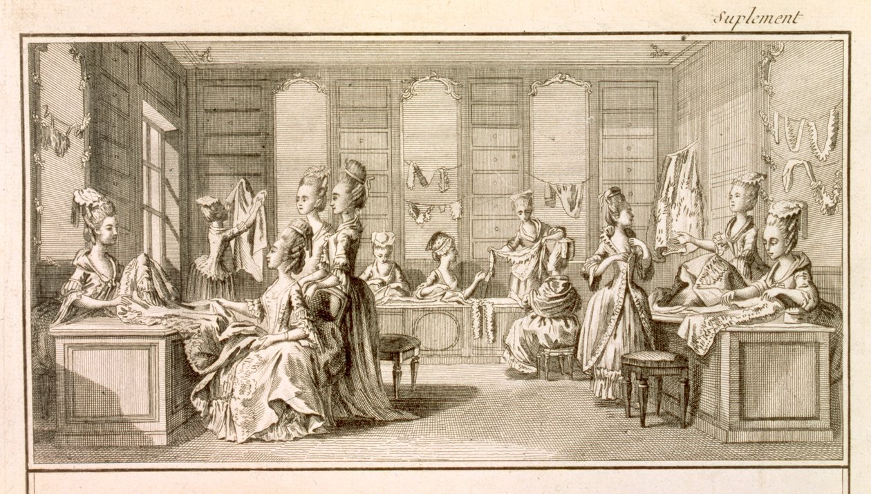 Sklep z modą, z „Encyklopedii” Denisa Diderota (1713-84), wydany ok. 1770 autorstwa French School