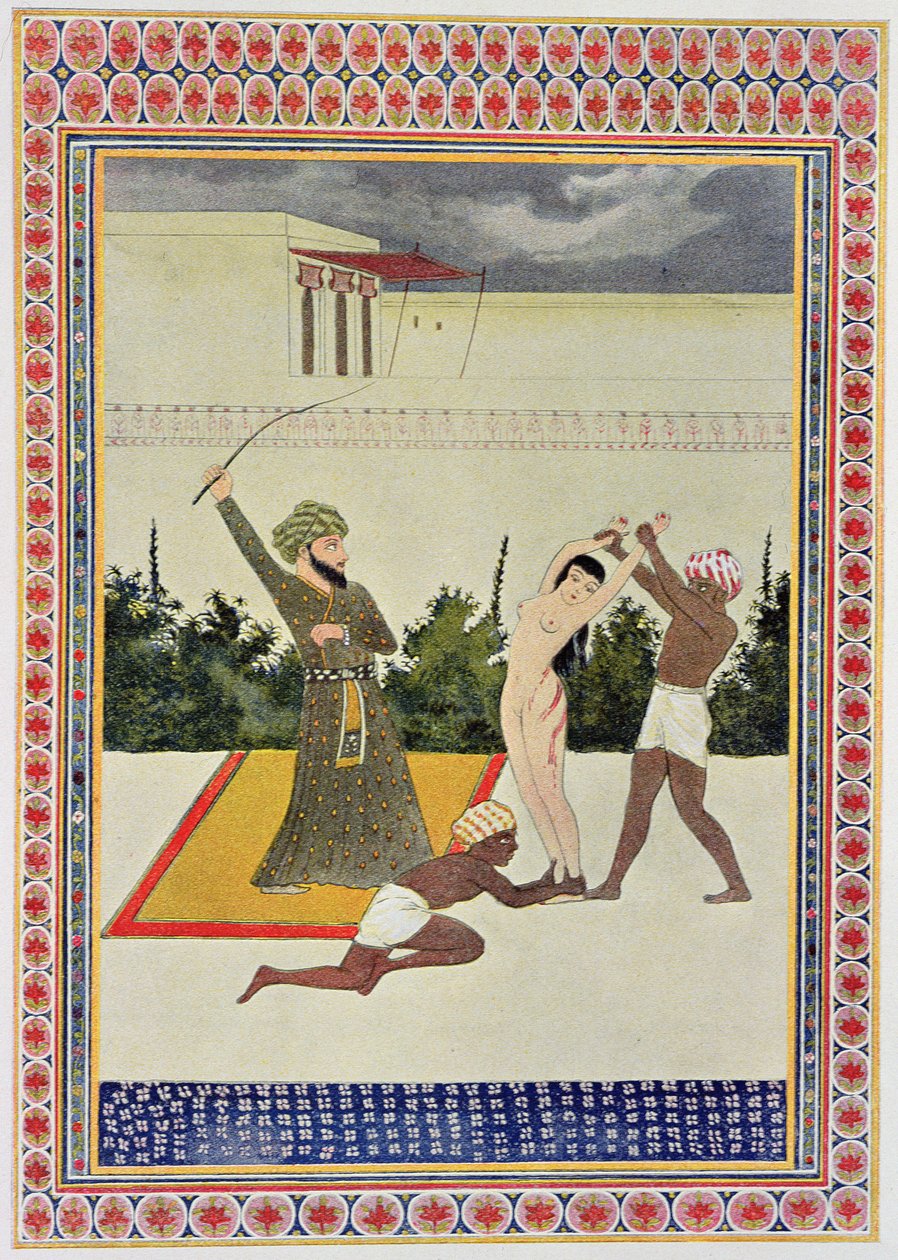 Biczowanie, ilustracja z The Arabian Nights, 1895 (kolorowe grawerowanie) autorstwa French School