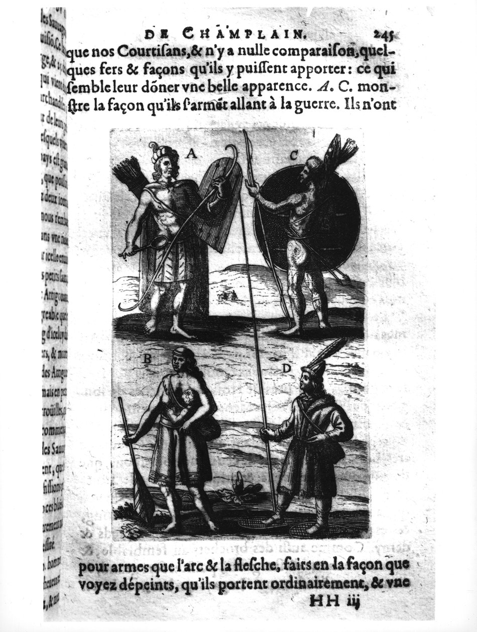 Irokezi w Nowej Francji, z "Voyages de sieur Champlain" Samuela de Champlain (1567-1635) autorstwa French School