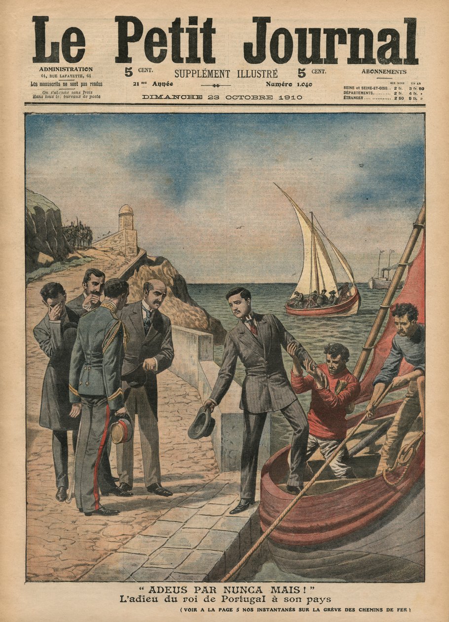 Król Portugalii Manuel II żegna się ze swoim krajem, „Adeus par nunca mais”, ilustracja z „Le Petit Journal”, dodatek illustre, 23 października 1910 autorstwa French School