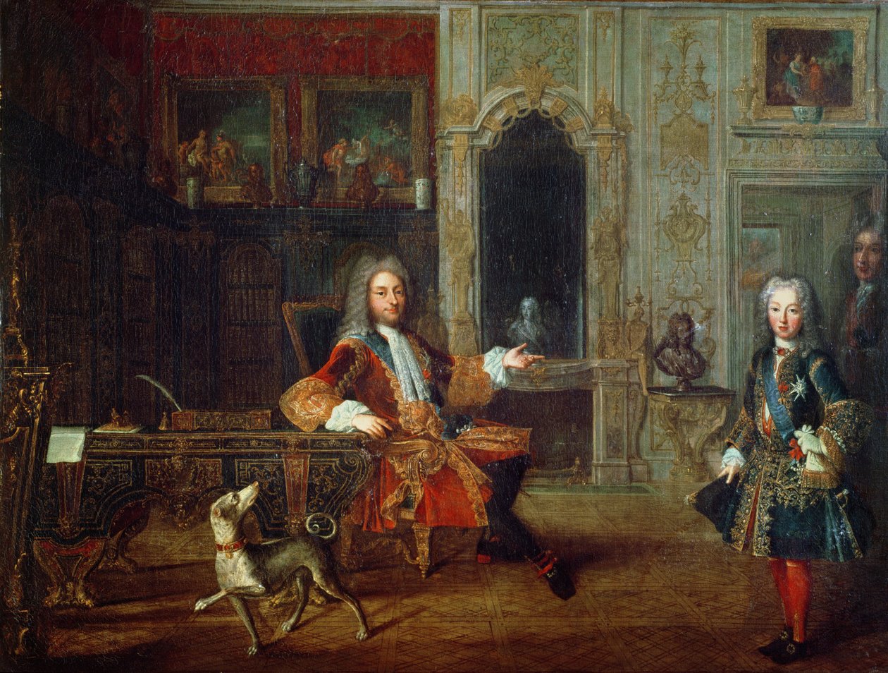 Ludwik XV (1710-1774) i regent Filip II (1674-1723) książę Orleanu w gabinecie Wielkiego Delfina w Wersalu, ok. 1720 autorstwa French School
