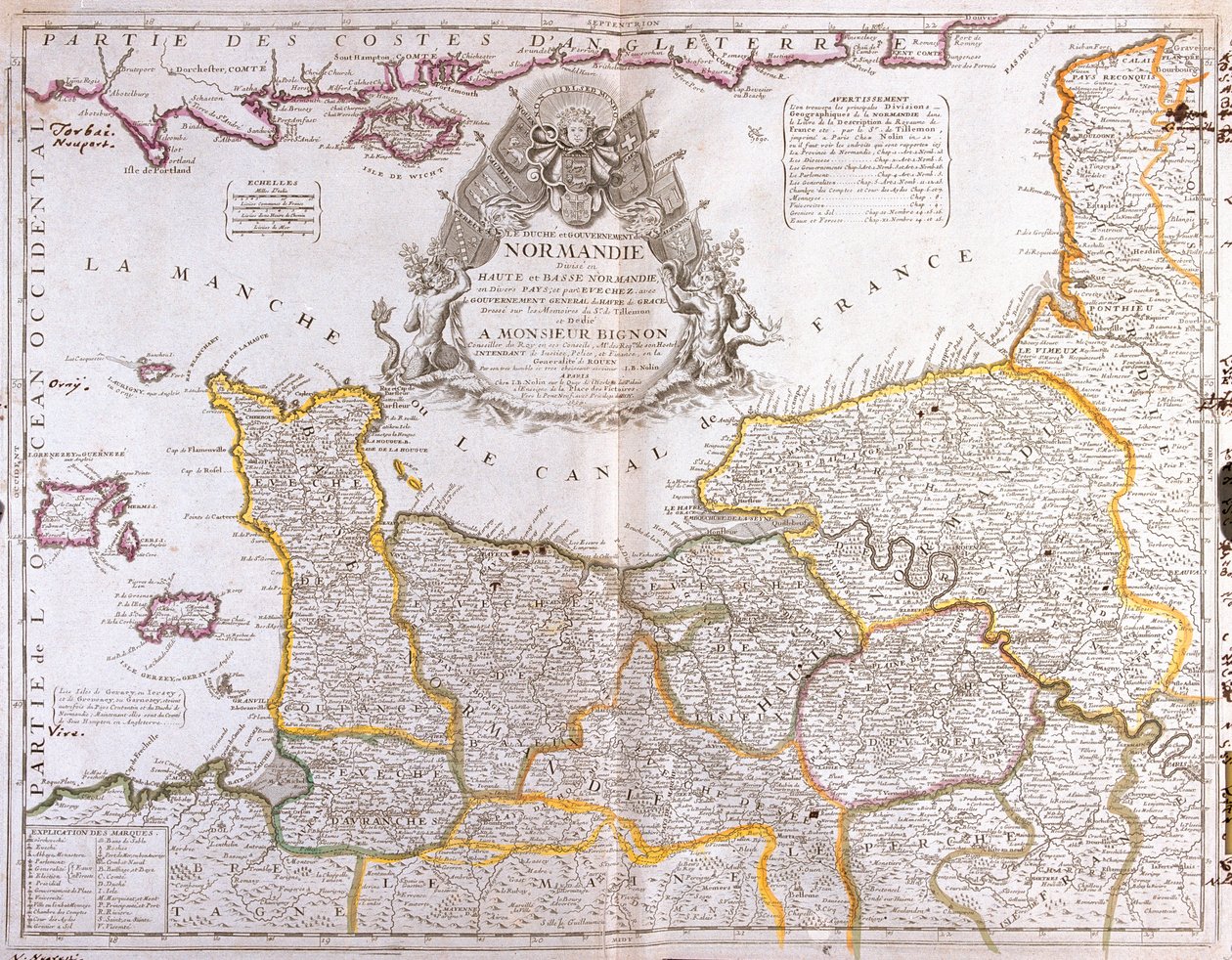 Mapa Normandii, 1694, z Le Theatre du Monde, Jean-Baptiste Nolin, wydana w 1717 r. (rycina ręcznie kolorowana) autorstwa French School